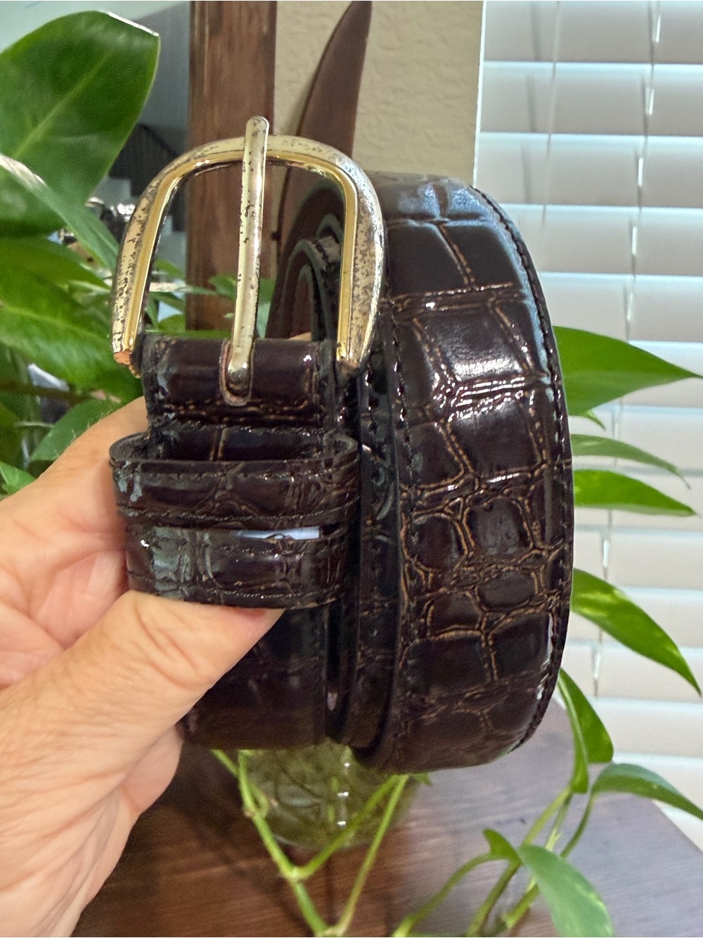 Men's Vintage Dark Brown Croc-Embossed Glazed Finish Leather Belt Sz 50